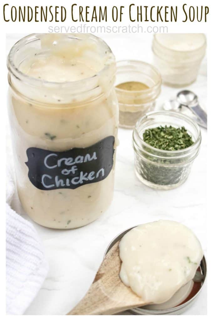a mason jar of cream of chicken soup with a wooden spoon