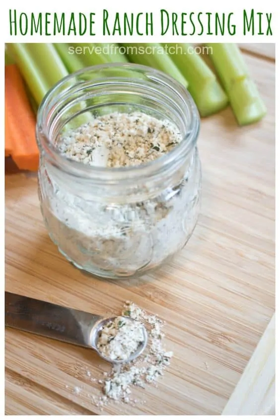 jar with dry ranch mix in front of carrots and celery with PInterest Pin text.