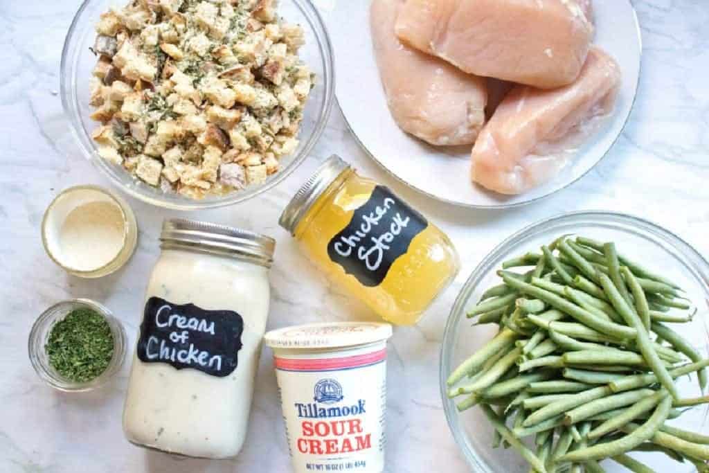 raw chicken, green beans, jars of soup, stock, sour cream, stuffing mix, spices.