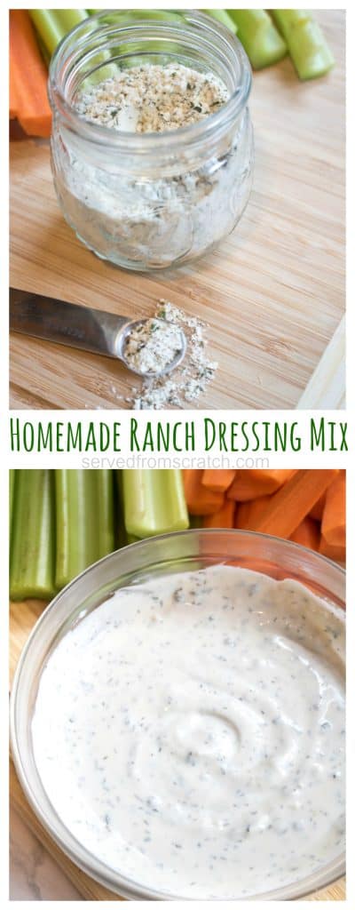 a small jar with dry ranch mix and a measuring spoon on a cutting board with carrots and celery