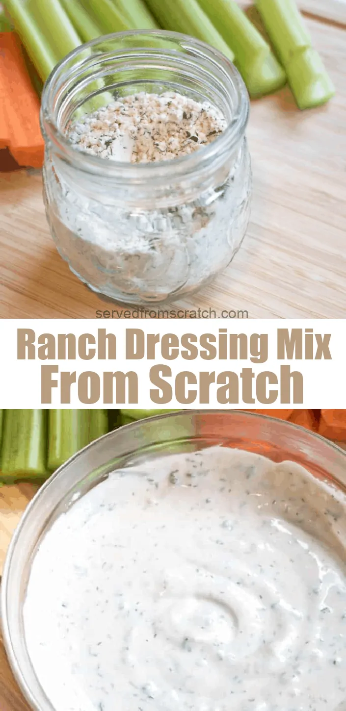 a small jar with dry ranch mix and a measuring spoon on a cutting board with carrots and celery