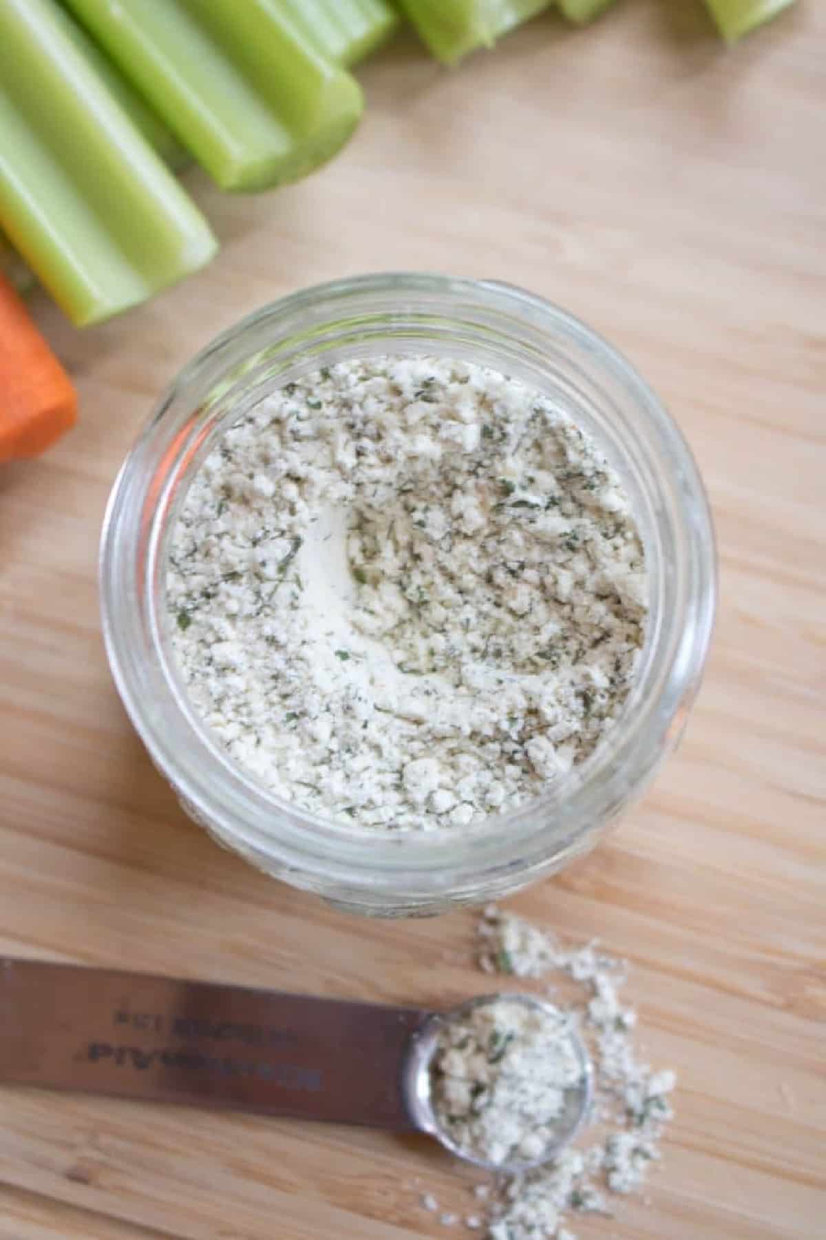 an overhead shot of a jar with ranch mix