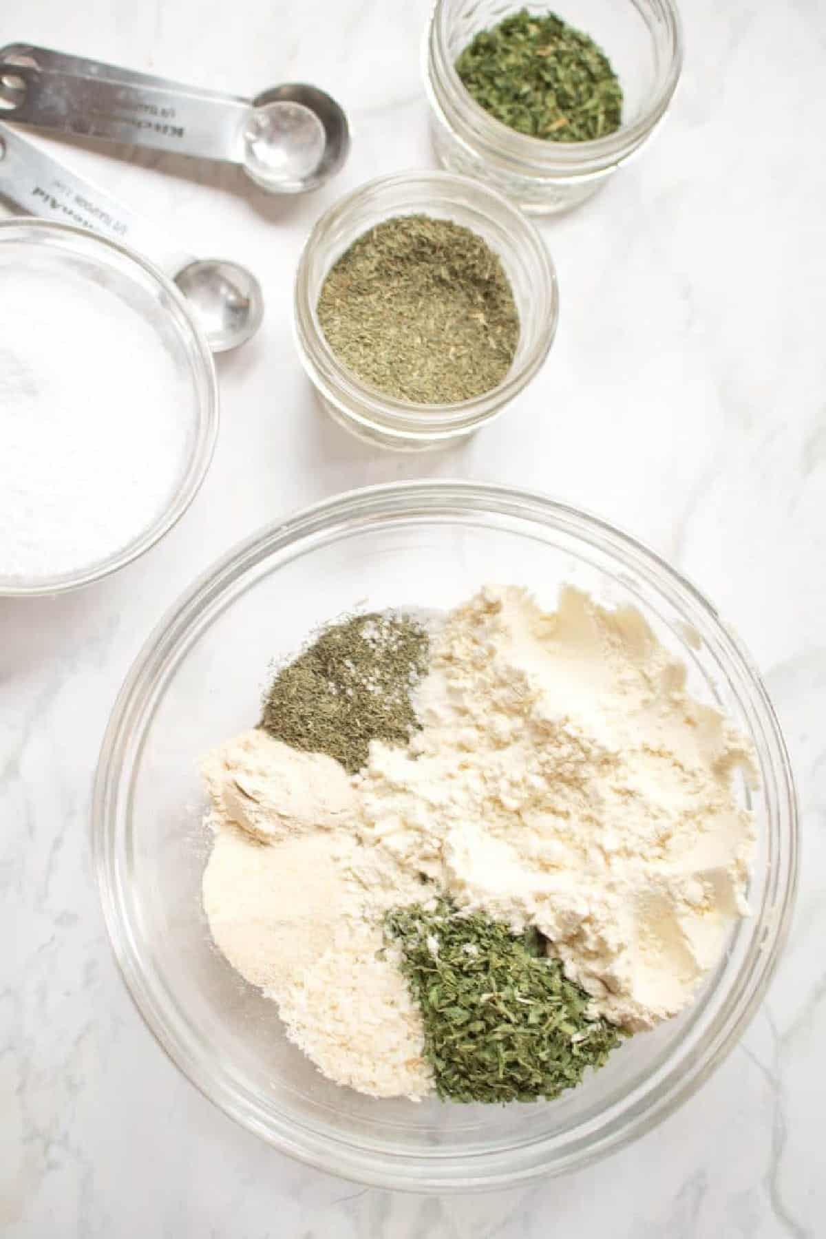 bowls of powder buttermilk and spices