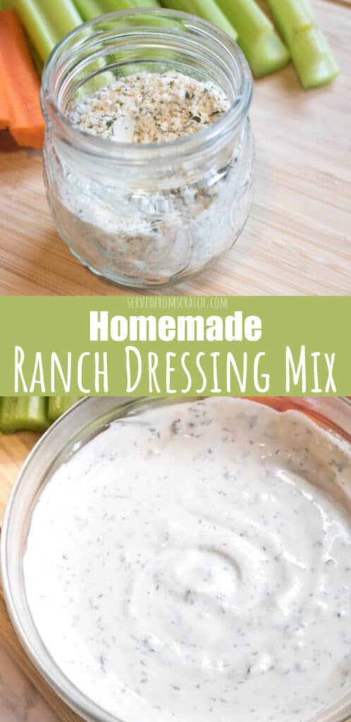 a small jar of dried ranch mix and then a bowl of ranch dressing with Pinterest pin text.