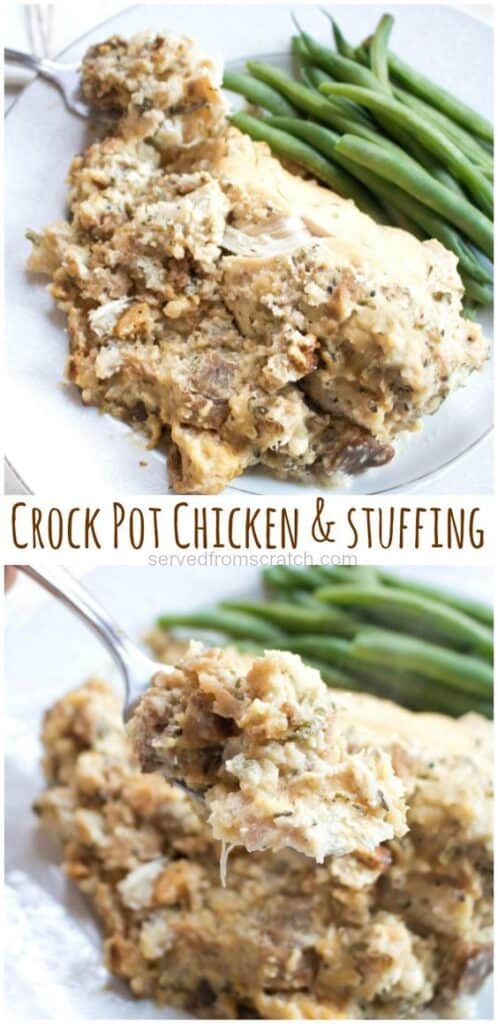 2 plates of cooked stuffing and chicken with a fork and green beans with Pinterest pin text.