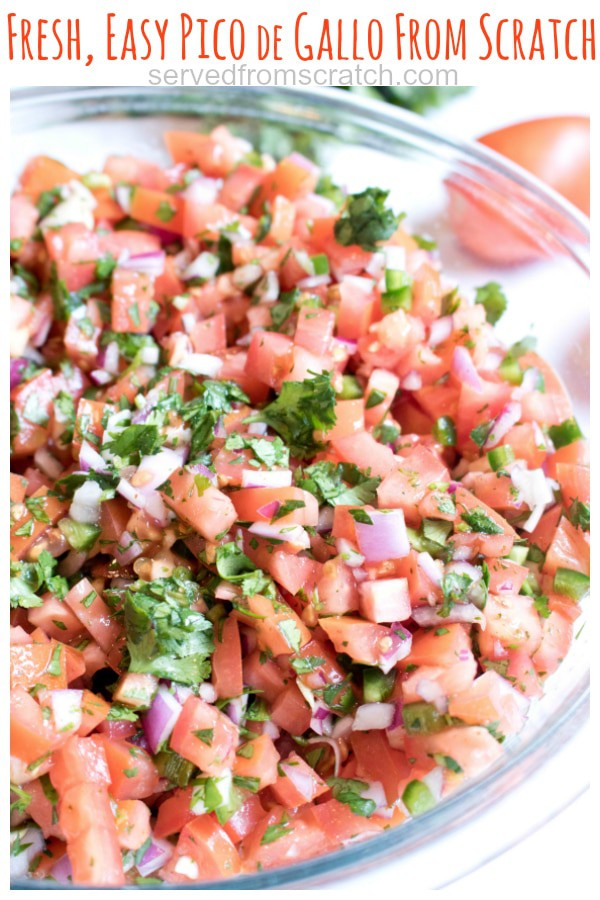 a big bowl of pico de gallo and Pinterest pin text.