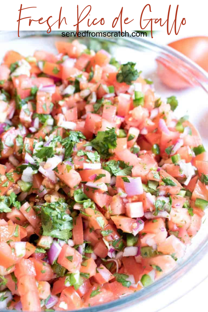 a big bowl of pico de gallo and Pinterest pin text.