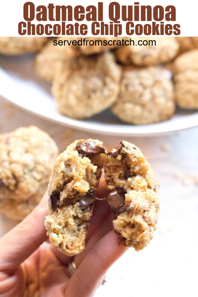 a hand holding a cookie with melted chocolate chips in half with Pinterest pin text.