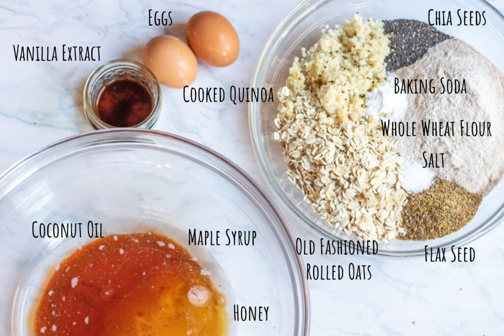 eggs and extract on counter with two large bowls of liquid and flour, oats, and seeds