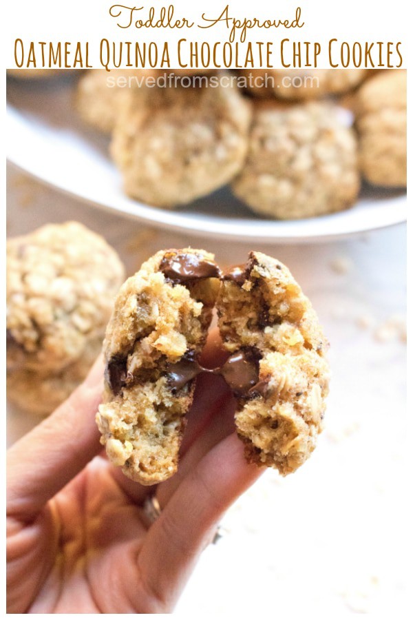 a hand holding a cookie with melted chocolate chips in half