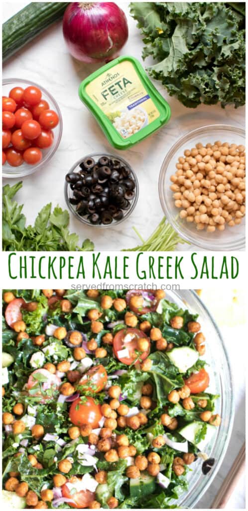 chickpeas, tomatoes, olives, kale, onion cucumber feta parsley on counter and then all in a bowl with Pinterest pin text.