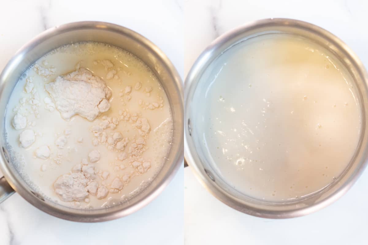 a pot with flour and milk and all mixed.