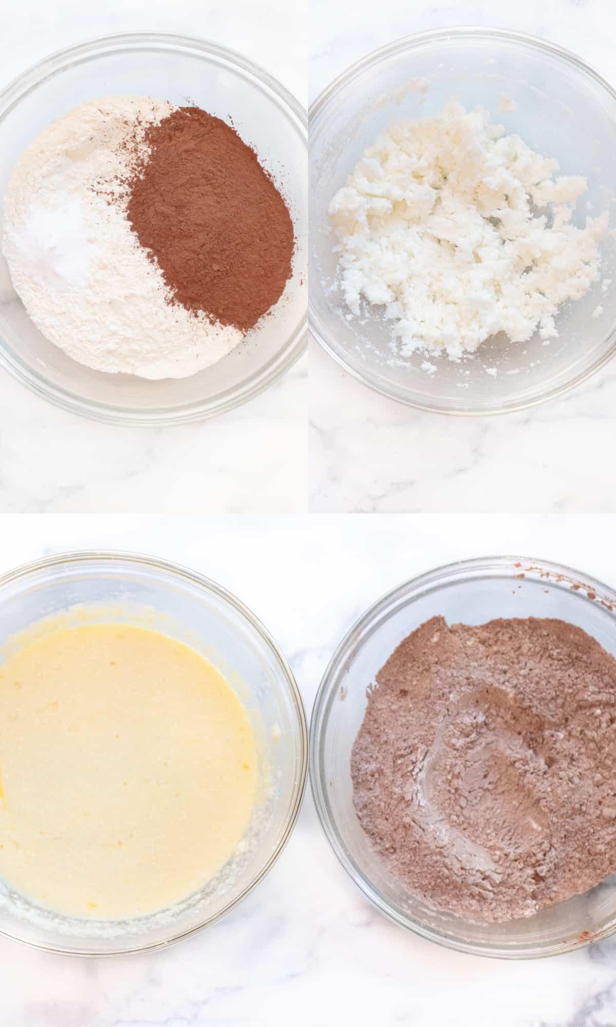a bowl of flour and sugar and cocoa, whipped Crisco, and a bowl of wet ingredients next to a bowl of cocoa powder flour mixture.