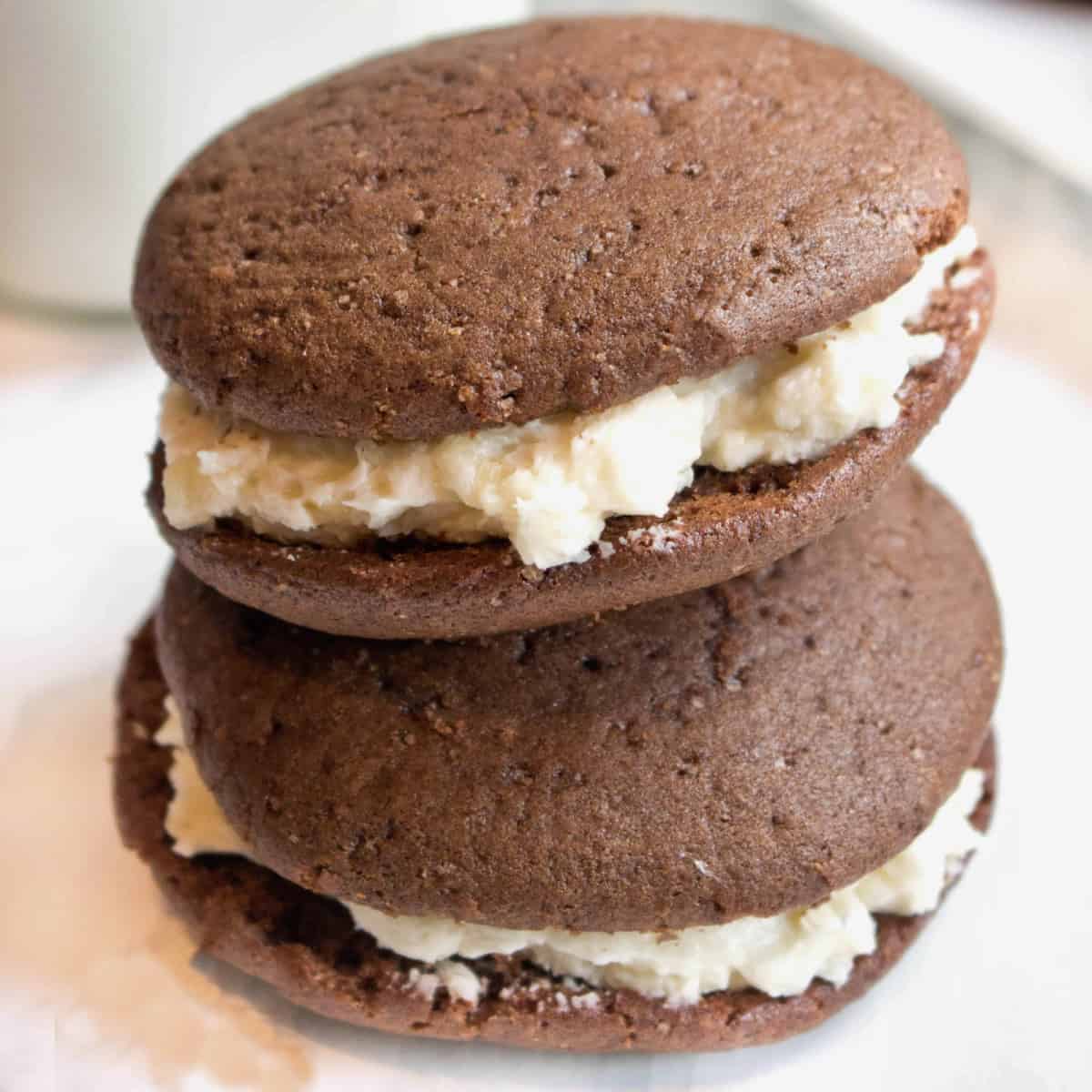 two stacked homemade whoopie pies. 