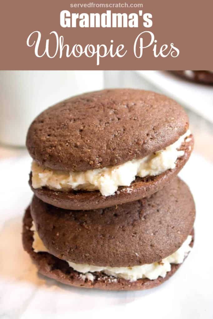 two stacked homemade whoopie pies with Pinterest pin text.