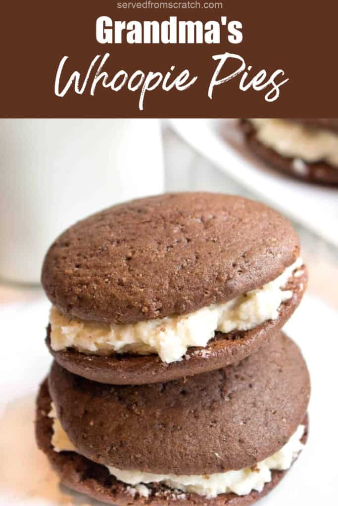 two stacked homemade whoopie pies with Pinterest pin text.