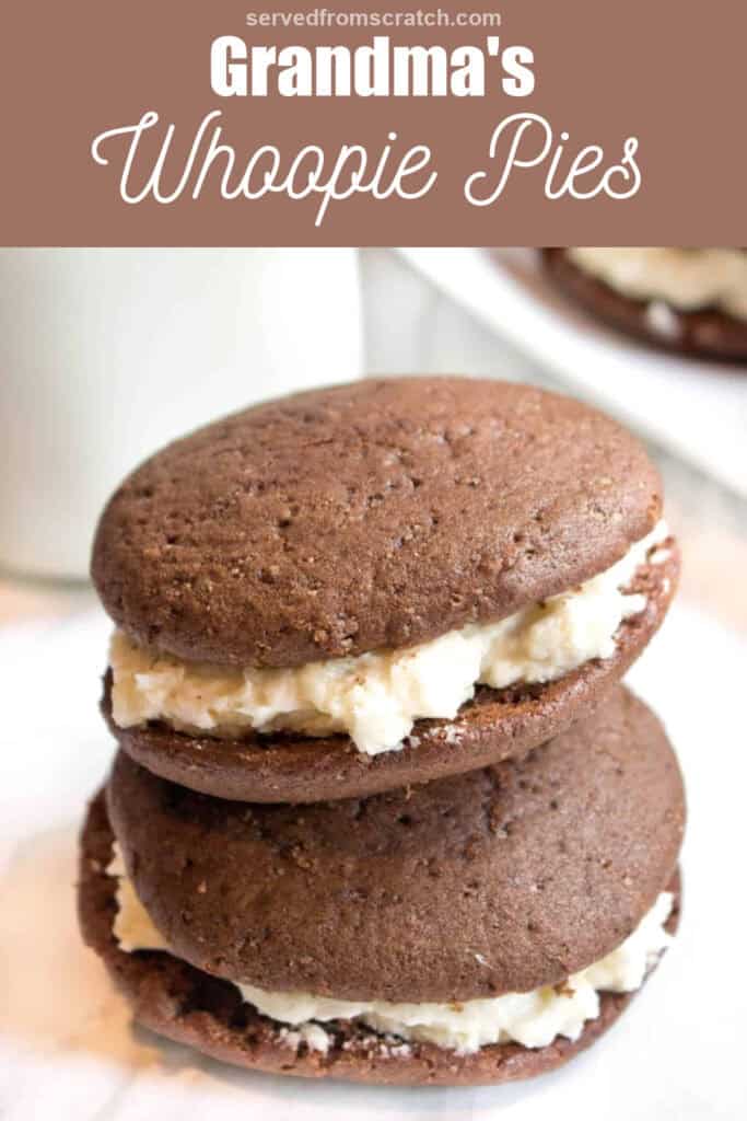 two stacked homemade whoopie pies with Pinterest pin text.