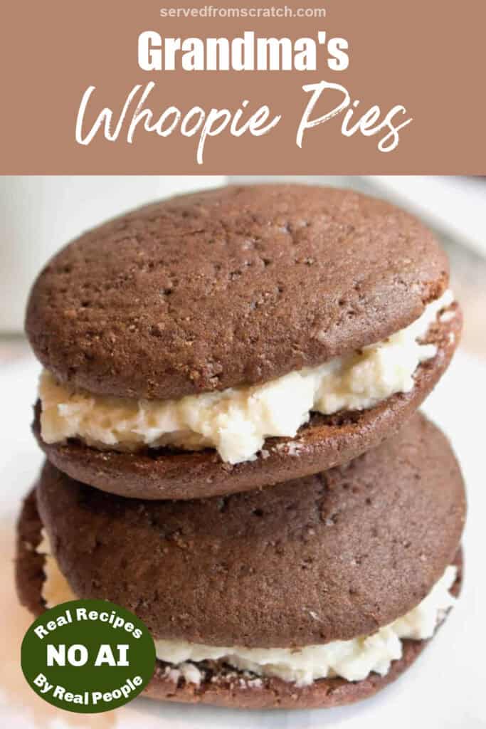 two stacked whoopie pies with Pinterest pin text and a NO AI sticker.