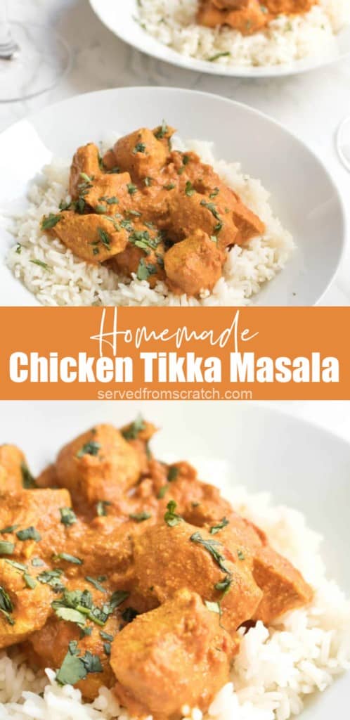 a plate of chicken tikka masala over rice with Pinterest pin text.