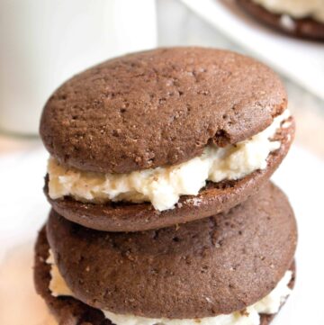 two chocolate whoopie pies stacked