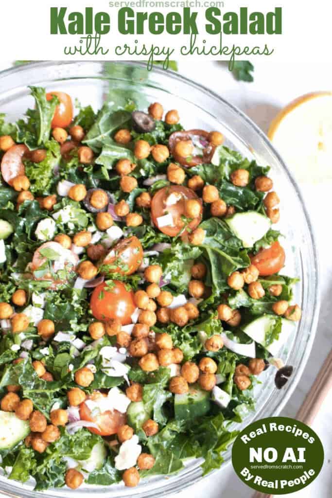 an overhead of a bowl of kale salad with crispy chickpeas with Pinterest pin text and NO AI sticker.