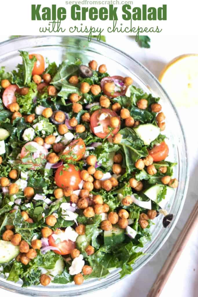 a large kale salad with chickpeas and Pinterest pin text.