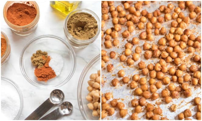 spices with teaspoons and roasted chickpeas.