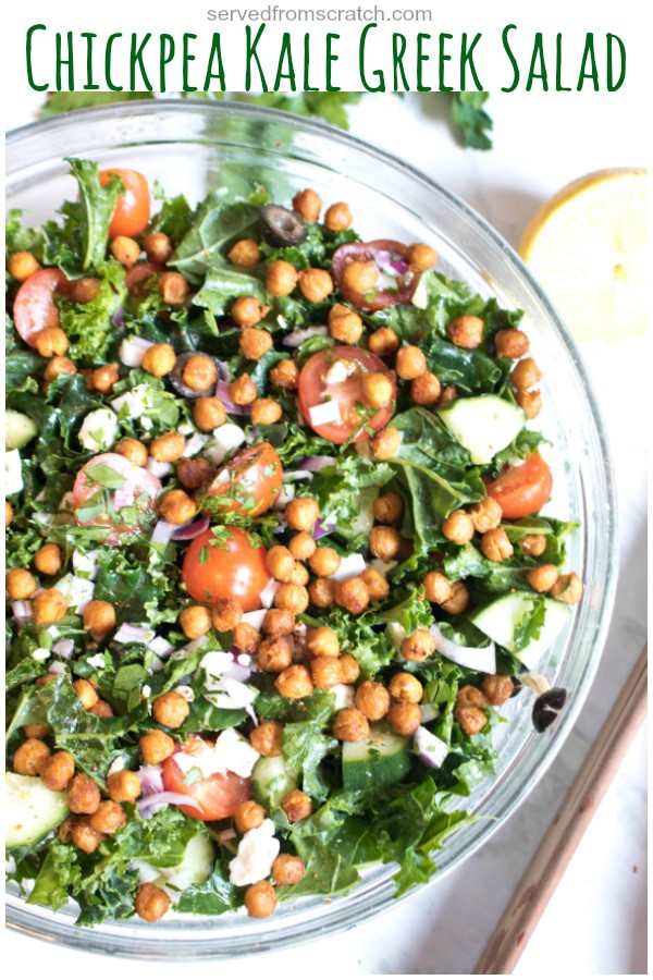 bowl with kale, tomatoes, cucumbers, feta, and chickpeas