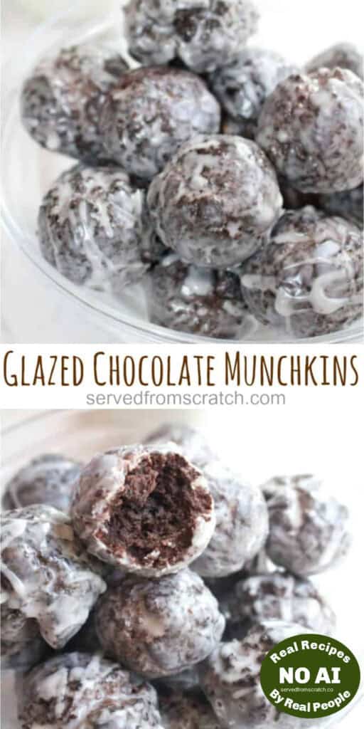 a bowl of glazed chocolate donuts one with a bite taken out with Pinterest pin text with NO AI sticker.
