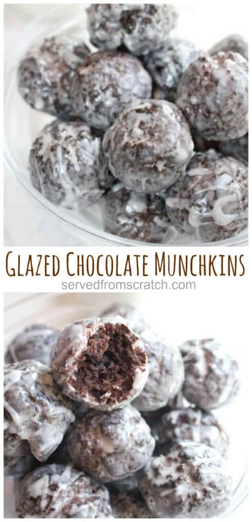 a bowl of glazed chocolate donuts one with a bite taken out with Pinterest pin text.