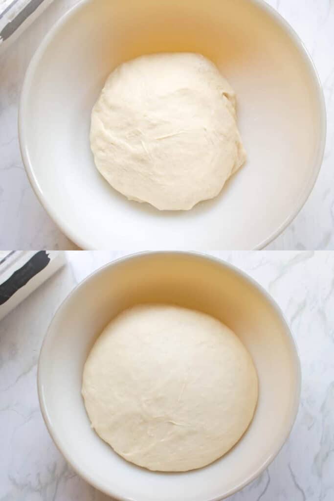 two pictures one of a bowl with balled dough and the second with it proofed.