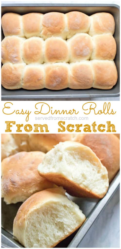 a pan of baked dinner rolls and a close up of two rolls with pinterest pin text.
