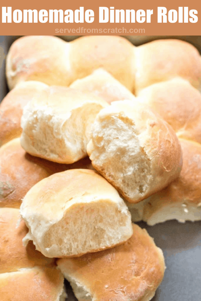 rolls in a pan torn apart and stacked with Pinterest pin text.
