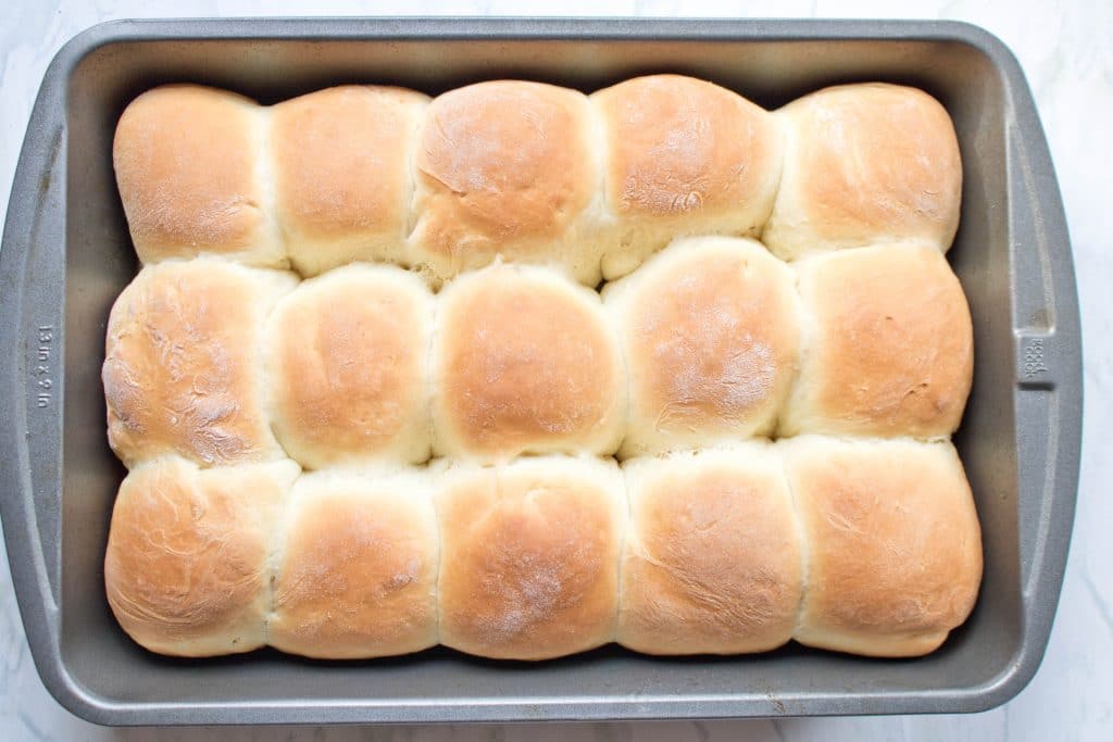 fresh baked dinner rolls in pan.