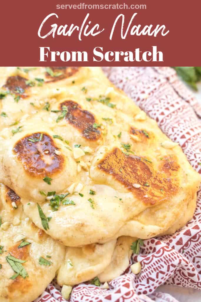 buttery garlic naan with Pinterest pin text.