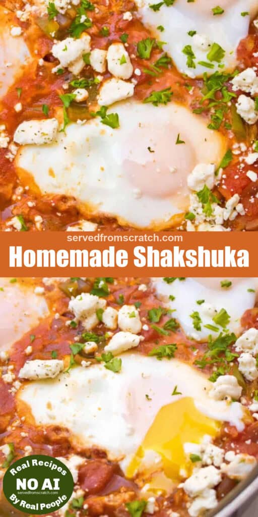 baked eggs in a tomato sauce topped with feta cheese with Pinterest pin text and then a pan with an egg yolk broken and NO AI sticker.
