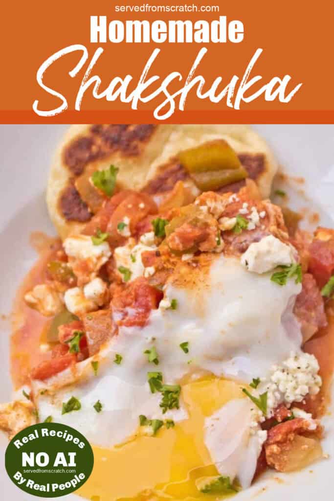 baked eggs in a tomato sauce topped with feta cheese with Pinterest pin text with NO AI sticker.