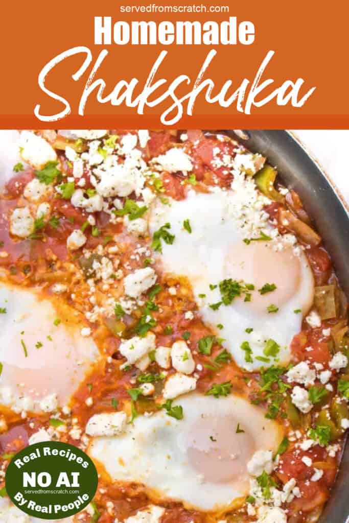 baked eggs in a tomato sauce topped with feta cheese with Pinterest pin text with NO AI sticker.