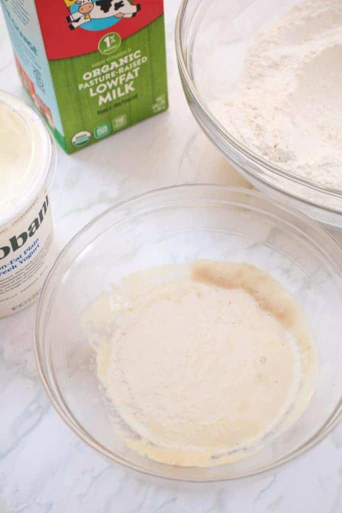 yeast activating with flour and salt and milk and yogurt