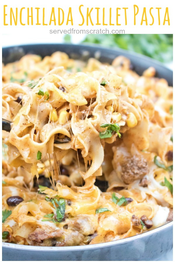 This Enchilada Skillet Pasta is loaded with flavor and cheese making it a delicious, easy and comfort food at it’s finest!