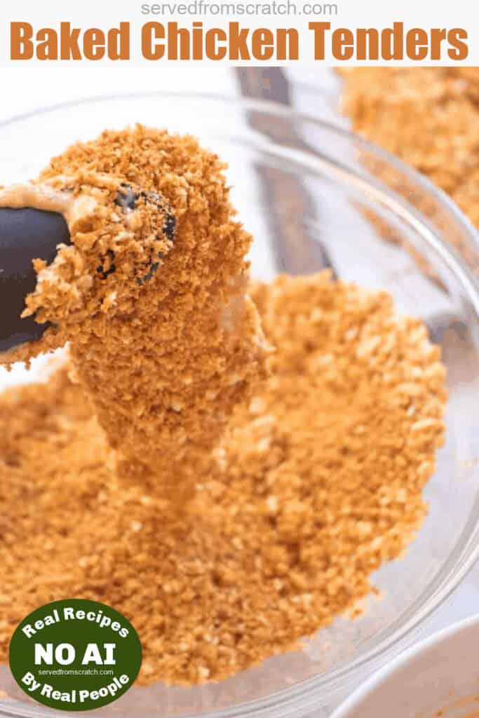 tongs holding up a panko coated chicken tender with Pinterest pin text and NO AI sticker.