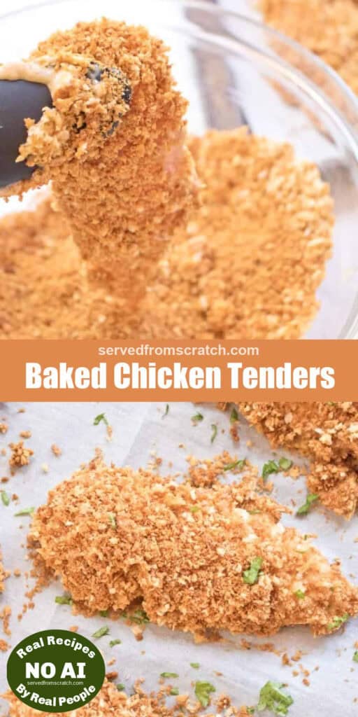 tongs holding a panko crusted chicken tenderloin, Pinterest pin text, and then baked on a tray and NO AI sticker.