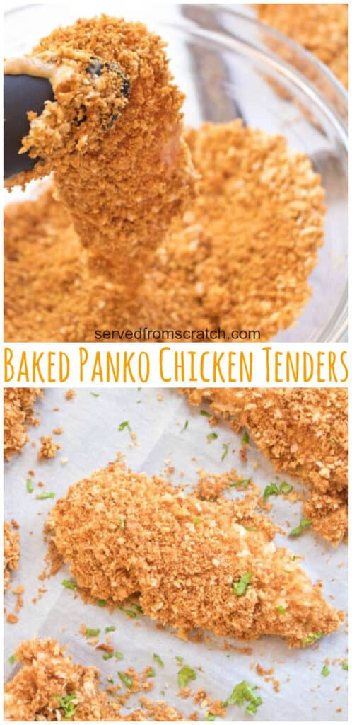 crispy baked panko crusted chicken tenders on parchment paper with Pinterest pin text.