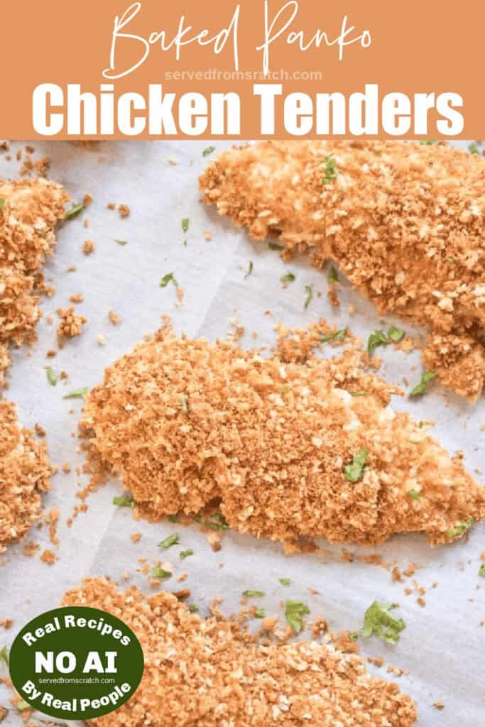 baked breaded chicken tenders on a baking sheet with Pinterest pin text and NO AI sticker.