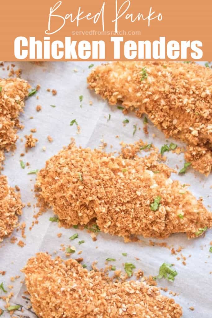baked chicken tenders on a parchment lined baking sheet with Pinterest pin text.