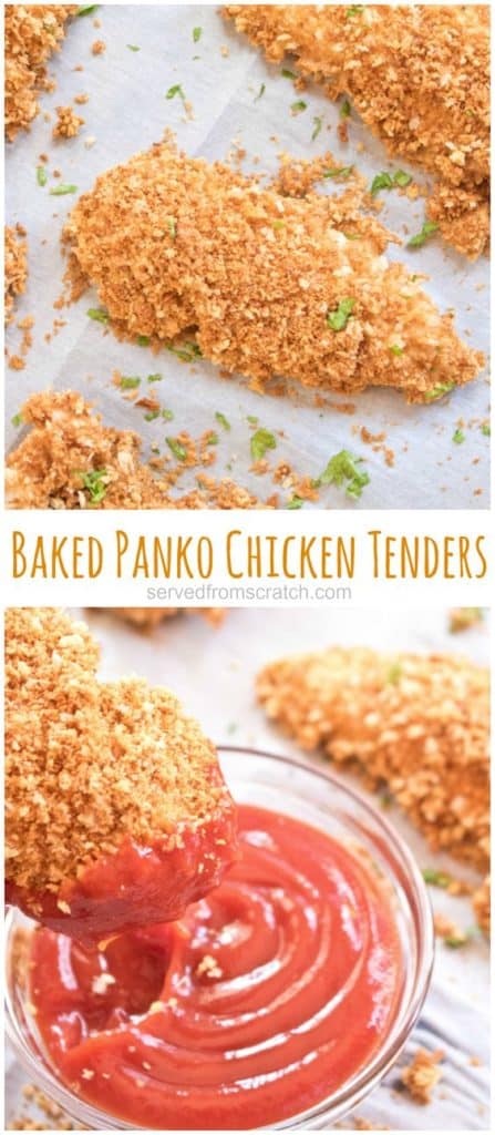 crispy baked panko crusted chicken tenders on baking sheet with Pinterest pin text.