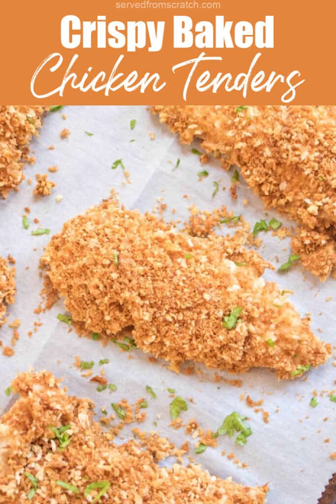 baked breaded chicken tenders on a baking sheet with Pinterest pin text.