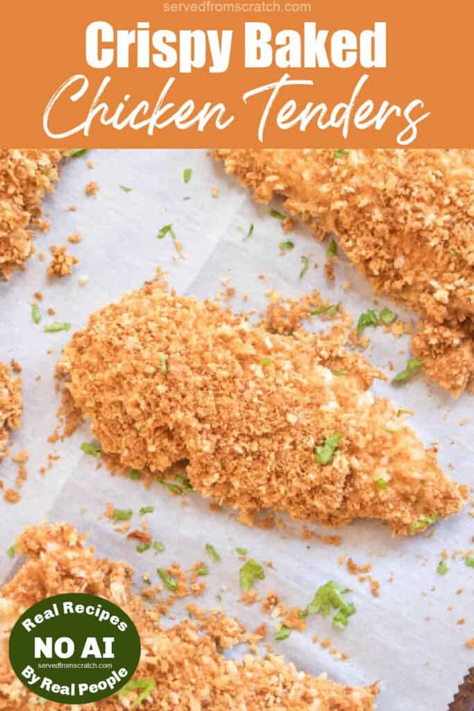 baked breaded chicken tenders on a baking sheet with Pinterest pin text and NO AI sticker.