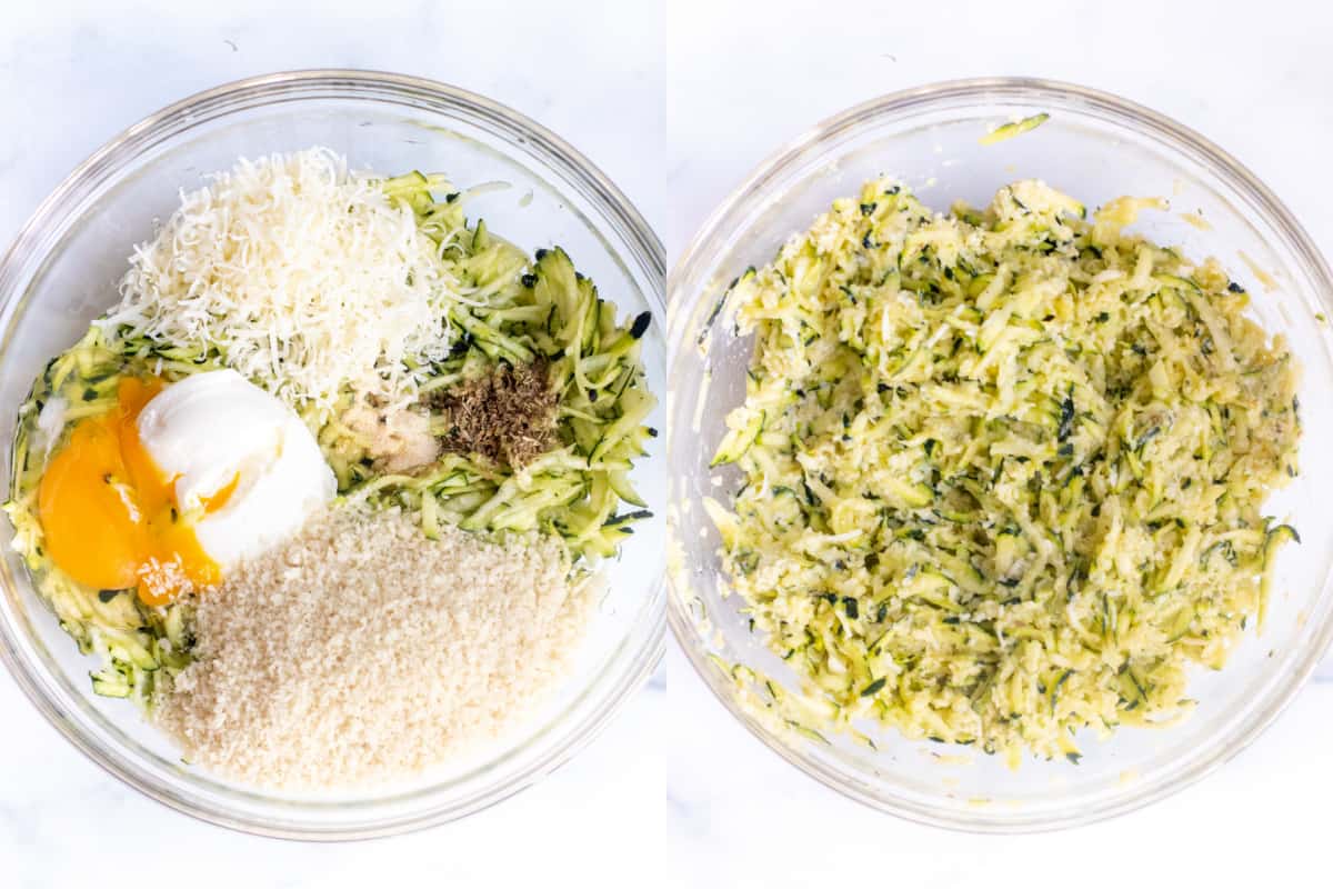 a bowl of zucchini and cheeses, panko, egg, and spices and then a picture of it all mixed together.