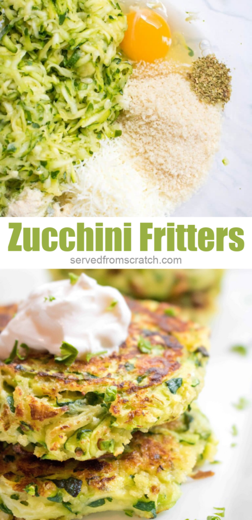a close of up of stacked zucchini fritters topped with sour cream with Pinterest pin text.